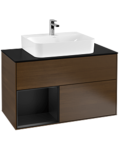 Villeroy und Boch Finion Waschtischunterschrank G112PDGN 100cm, Abdeckplatte black matt, Emotion, Regal links Black matt lacquer, Walnut veneer