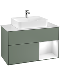Villeroy und Boch Finion Waschtischunterschrank G121GFGM 100cm, Abdeckplatte white matt, Emotion, Regal rechts Glossy white lacquer, Olive Matt Lacquer