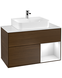 Villeroy und Boch Finion Waschtischunterschrank G121GFGN 100cm, Abdeckplatte white matt, Emotion, Regal rechts Glossy white lacquer, Walnut veneer