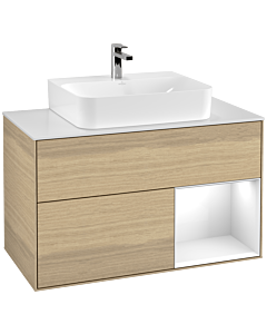 Villeroy und Boch Finion Waschtischunterschrank G121GFPC 100cm, Abdeckplatte white matt, Emotion, Regal rechts Glossy white lacquer, Oak Veneer