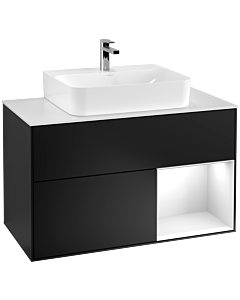 Villeroy und Boch Finion Villeroy und Boch G121GFPD 100cm, plaque de recouvrement blanc mat, Emotion, étagère à droite laqué blanc brillant, laqué noir mat