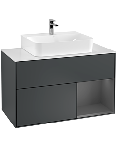 Villeroy und Boch Finion Waschtischunterschrank G121GKHG 100cm, Abdeckplatte white matt, Emotion, Regal rechts Anthracite matt, Midnight Blue Matt Lacquer