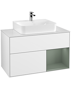 Villeroy und Boch Finion Waschtischunterschrank G121GMGF 100cm, Abdeckplatte white matt, Emotion, Regal rechts Olive Matt Lacquer, Glossy white lacquer