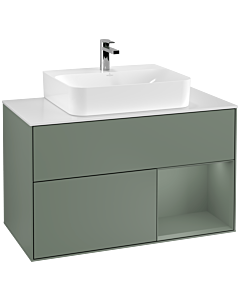 Villeroy und Boch Finion Waschtischunterschrank G121GMGM 100cm, Abdeckplatte white matt, Emotion, Regal rechts Olive Matt Lacquer, Olive Matt Lacquer