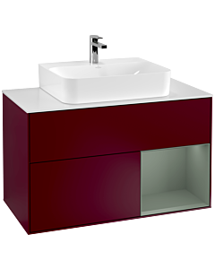 Villeroy und Boch Finion Waschtischunterschrank G121GMHB 100cm, Abdeckplatte white matt, Emotion, Regal rechts Olive Matt Lacquer, Peony Matt