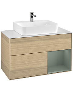 Villeroy und Boch Finion Waschtischunterschrank G121GMPC 100cm, Abdeckplatte white matt, Emotion, Regal rechts Olive Matt Lacquer, Oak Veneer