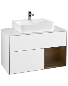 Villeroy und Boch Finion Villeroy und Boch Finion G121GNGF 100cm, cover plate white matt, Emotion, shelf on the right walnut veneer, glossy white lacquer