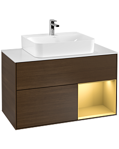 Villeroy und Boch Finion Waschtischunterschrank G121HFGN 100cm, Abdeckplatte white matt, Emotion, Regal rechts Gold matt, Walnut veneer