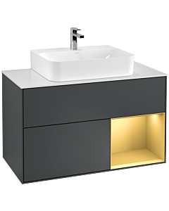 Villeroy und Boch Finion Waschtischunterschrank G121HFHG 100cm, Abdeckplatte white matt, Emotion, Regal rechts Gold matt, Midnight Blue Matt Lacquer