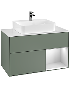 Villeroy und Boch Finion Waschtischunterschrank G121MTGM 100cm, Abdeckplatte white matt, Emotion, Regal rechts White matt lacquer, Olive Matt Lacquer