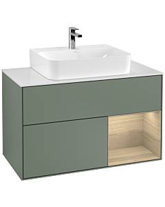 Villeroy und Boch Finion Villeroy und Boch G121PCGM 100cm, plaque de finition blanc mat, émotion, étagère à droite Oak Veneer , Olive Matt Lacquer