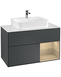 Villeroy und Boch Finion Waschtischunterschrank G121PCHG 100cm, Abdeckplatte white matt, Emotion, Regal rechts Oak Veneer, Midnight Blue Matt Lacquer