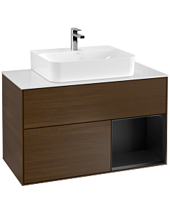 Villeroy und Boch Finion Waschtischunterschrank G121PDGN 100cm, Abdeckplatte white matt, Emotion, Regal rechts Black matt lacquer, Walnut veneer