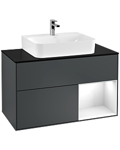 Villeroy und Boch Finion Waschtischunterschrank G122GFHG 100cm, Abdeckplatte black matt, Emotion, Regal rechts Glossy white lacquer, Midnight Blue Matt Lacquer