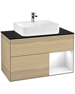 Villeroy und Boch Finion Waschtischunterschrank G122GFPC 100cm, Abdeckplatte black matt, Emotion, Regal rechts Glossy white lacquer, Oak Veneer