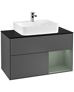 Villeroy und Boch Finion Waschtischunterschrank G122GMGK 100cm, Abdeckplatte black matt, Emotion, Regal rechts Olive Matt Lacquer, Anthracite matt
