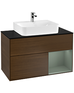 Villeroy und Boch Finion Waschtischunterschrank G122GMGN 100cm, Abdeckplatte black matt, Emotion, Regal rechts Olive Matt Lacquer, Walnut veneer