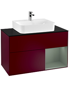 Villeroy und Boch Finion Waschtischunterschrank G122GMHB 100cm, Abdeckplatte black matt, Emotion, Regal rechts Olive Matt Lacquer, Peony Matt