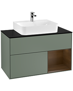 Villeroy und Boch Finion Waschtischunterschrank G122GNGM 100cm, Abdeckplatte black matt, Emotion, Regal rechts Walnut veneer, Olive Matt Lacquer