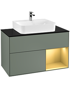 Villeroy und Boch Finion Waschtischunterschrank G122HFGM 100cm, Abdeckplatte black matt, Emotion, Regal rechts Gold matt, Olive Matt Lacquer