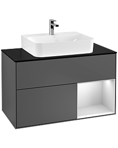 Villeroy und Boch Finion Waschtischunterschrank G122MTGK 100cm, Abdeckplatte black matt, Emotion, Regal rechts White matt lacquer, Anthracite matt