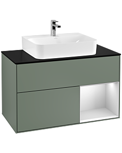 Villeroy und Boch Finion Villeroy und Boch G122MTGM 100cm, plaque de finition noir mat, Emotion, étagère à droite laqué blanc mat, Olive Matt Lacquer