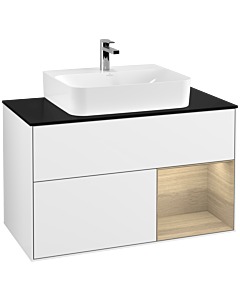 Villeroy und Boch Finion Waschtischunterschrank G122PCGF 100cm, Abdeckplatte black matt, Emotion, Regal rechts Oak Veneer, Glossy white lacquer