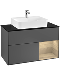 Villeroy und Boch Finion Waschtischunterschrank G122PCGK 100cm, Abdeckplatte black matt, Emotion, Regal rechts Oak Veneer, Anthracite matt