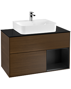 Villeroy und Boch Finion Waschtischunterschrank G122PDGN 100cm, Abdeckplatte black matt, Emotion, Regal rechts Black matt lacquer, Walnut veneer