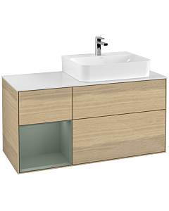 Villeroy und Boch Finion Waschtischunterschrank G141GMPC 120cm, Abdeckplatte white matt, Emotion, Regal links Olive Matt Lacquer, Oak Veneer