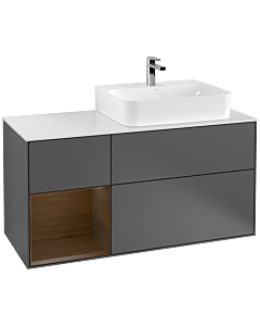 Villeroy und Boch Finion Waschtischunterschrank G141GNGK 120cm, Abdeckplatte white matt, Emotion, Regal links Walnut veneer, Anthracite matt