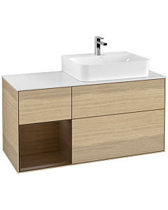 Villeroy und Boch Finion Waschtischunterschrank G141GNPC 120cm, Abdeckplatte white matt, Emotion, Regal links Walnut veneer, Oak Veneer