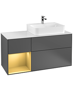 Villeroy und Boch Finion Waschtischunterschrank G141HFGK 120cm, Abdeckplatte white matt, Emotion, Regal links Gold matt, Anthracite matt
