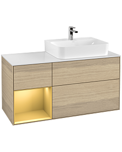 Villeroy und Boch Finion Waschtischunterschrank G141HFPC 120cm, Abdeckplatte white matt, Emotion, Regal links Gold matt, Oak Veneer