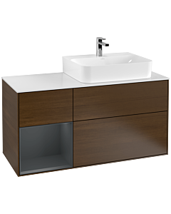 Villeroy und Boch Finion Waschtischunterschrank G141HGGN 120cm, Abdeckplatte white matt, Emotion, Regal links Midnight Blue Matt Lacquer, Walnut veneer