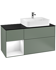 Villeroy und Boch Finion Villeroy und Boch G142GFGM 120cm, plaque de finition noir mat, Emotion, étagère gauche laqué blanc brillant, Olive Matt Lacquer