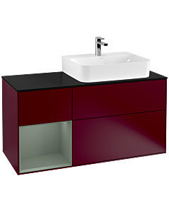 Villeroy und Boch Finion Waschtischunterschrank G142GMHB 120cm, Abdeckplatte black matt, Emotion, Regal links Olive Matt Lacquer, Peony Matt