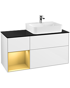 Villeroy und Boch Finion Waschtischunterschrank G142HFGF 120cm, Abdeckplatte black matt, Emotion, Regal links Gold matt, Glossy white lacquer