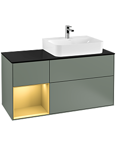 Villeroy und Boch Finion Waschtischunterschrank G142HFGM 120cm, Abdeckplatte black matt, Emotion, Regal links Gold matt, Olive Matt Lacquer