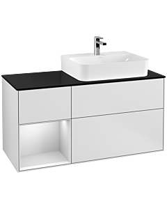 Villeroy und Boch Finion Waschtischunterschrank G142MTMT 120cm, Abdeckplatte black matt, Emotion, Regal links White matt lacquer, White matt lacquer