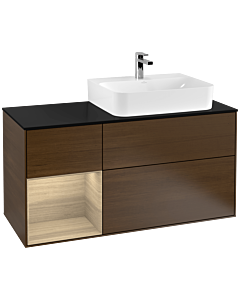 Villeroy und Boch Finion Waschtischunterschrank G142PCGN 120cm, Abdeckplatte black matt, Emotion, Regal links Oak Veneer, Walnut veneer