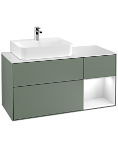 Villeroy und Boch Finion Waschtischunterschrank G151GFGM 120cm, Abdeckplatte white matt, Emotion, Regal links Glossy white lacquer, Olive Matt Lacquer