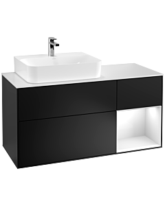 Villeroy und Boch Finion Villeroy und Boch G151GFPD 120cm, plaque de recouvrement blanc mat, Emotion, étagère gauche laqué blanc brillant, laqué noir mat