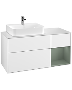 Villeroy und Boch Finion Waschtischunterschrank G151GMGF 120cm, Abdeckplatte white matt, Emotion, Regal links Olive Matt Lacquer, Glossy white lacquer
