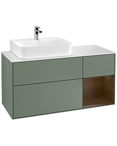 Villeroy und Boch Finion Waschtischunterschrank G151GNGM 120cm, Abdeckplatte white matt, Emotion, Regal links Walnut veneer, Olive Matt Lacquer