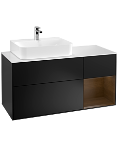 Villeroy und Boch Finion Waschtischunterschrank G151GNPD 120cm, Abdeckplatte white matt, Emotion, Regal links Walnut veneer, Black matt lacquer