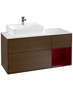 Villeroy und Boch Finion Waschtischunterschrank G151HBGN 120cm, Abdeckplatte white matt, Emotion, Regal links Peony, Walnut veneer