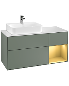 Villeroy und Boch Finion Waschtischunterschrank G151HFGM 120cm, Abdeckplatte white matt, Emotion, Regal links Gold matt, Olive Matt Lacquer
