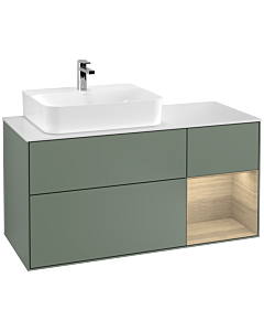 Villeroy und Boch Finion Waschtischunterschrank G151PCGM 120cm, Abdeckplatte white matt, Emotion, Regal links Oak Veneer, Olive Matt Lacquer