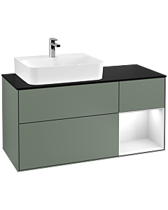 Villeroy und Boch Finion Waschtischunterschrank G152GFGM 120cm, Abdeckplatte black matt, Emotion, Regal links Glossy white lacquer, Olive Matt Lacquer